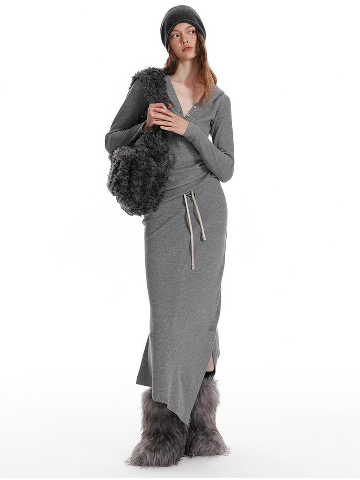 ALINNVSTUDIO Cozy Hooded Long Sleeve Button Front Curved Hem Youth Gray Top & Skirt Sets