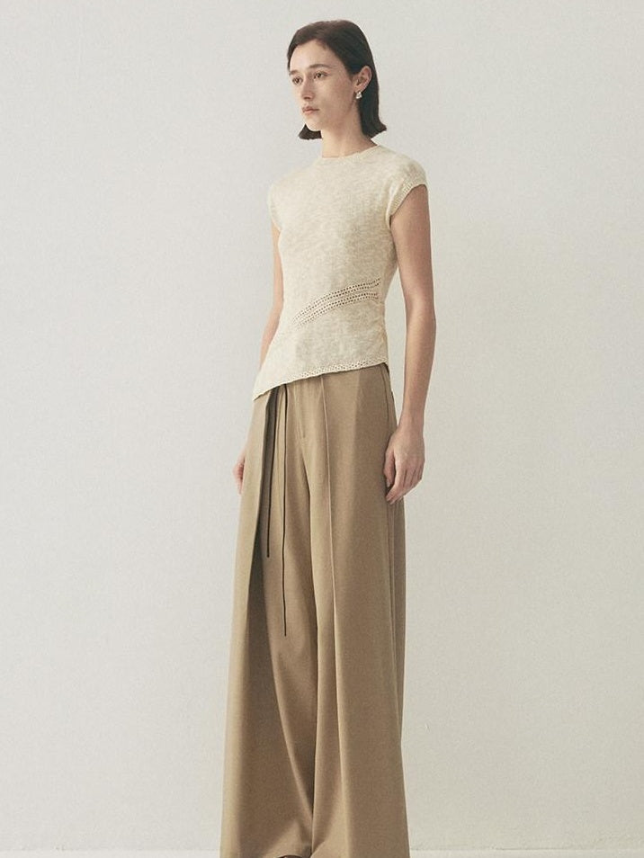 someonesometimes High Waist Stretch Belt Detail Minimalist Polyester Blend Women Wide Leg Pants