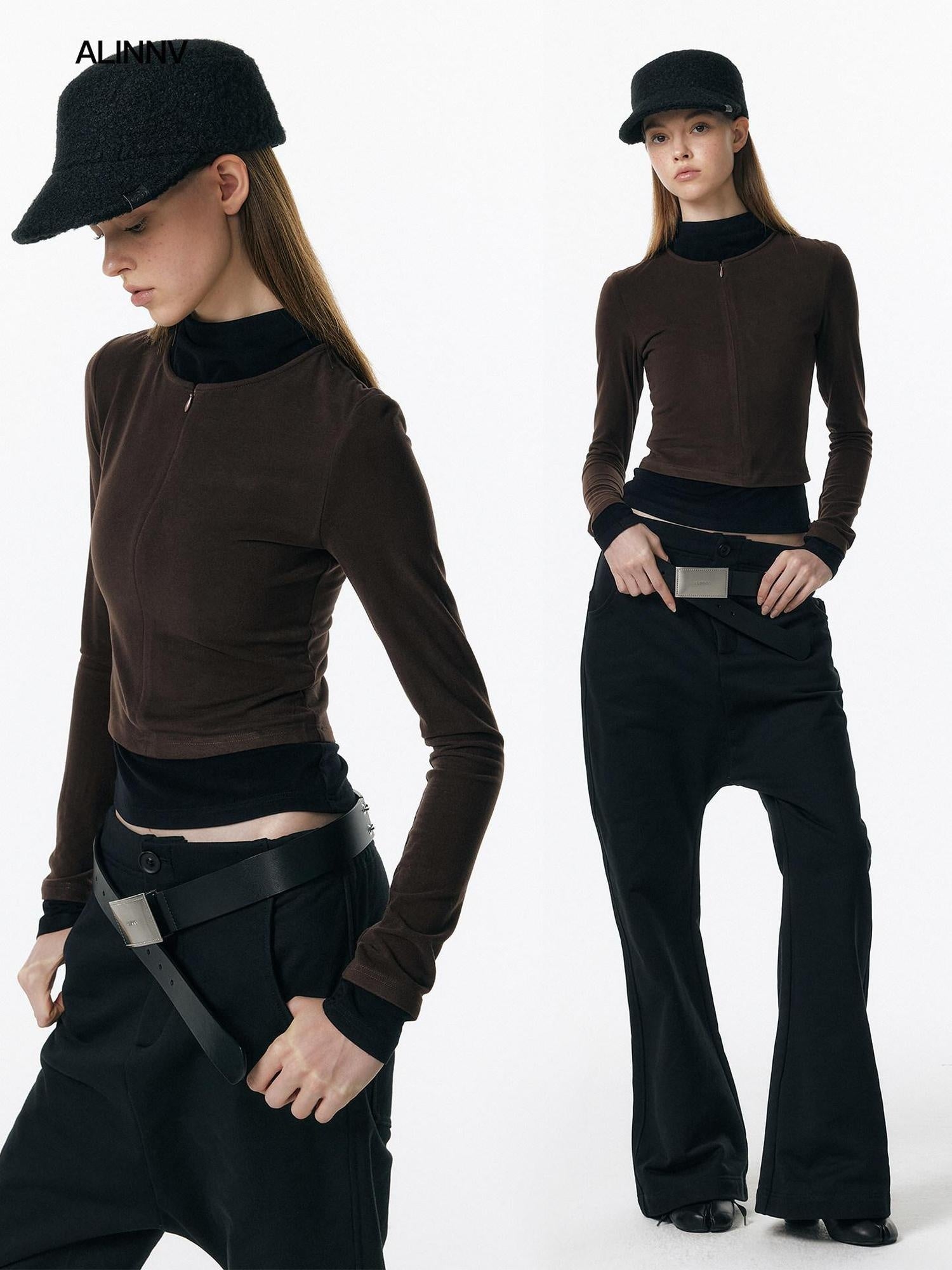 ALINNVSTUDIO Soft Zipper Slim Fit Short Collar Office Ladies Contrast Long Sleeve T-Shirts