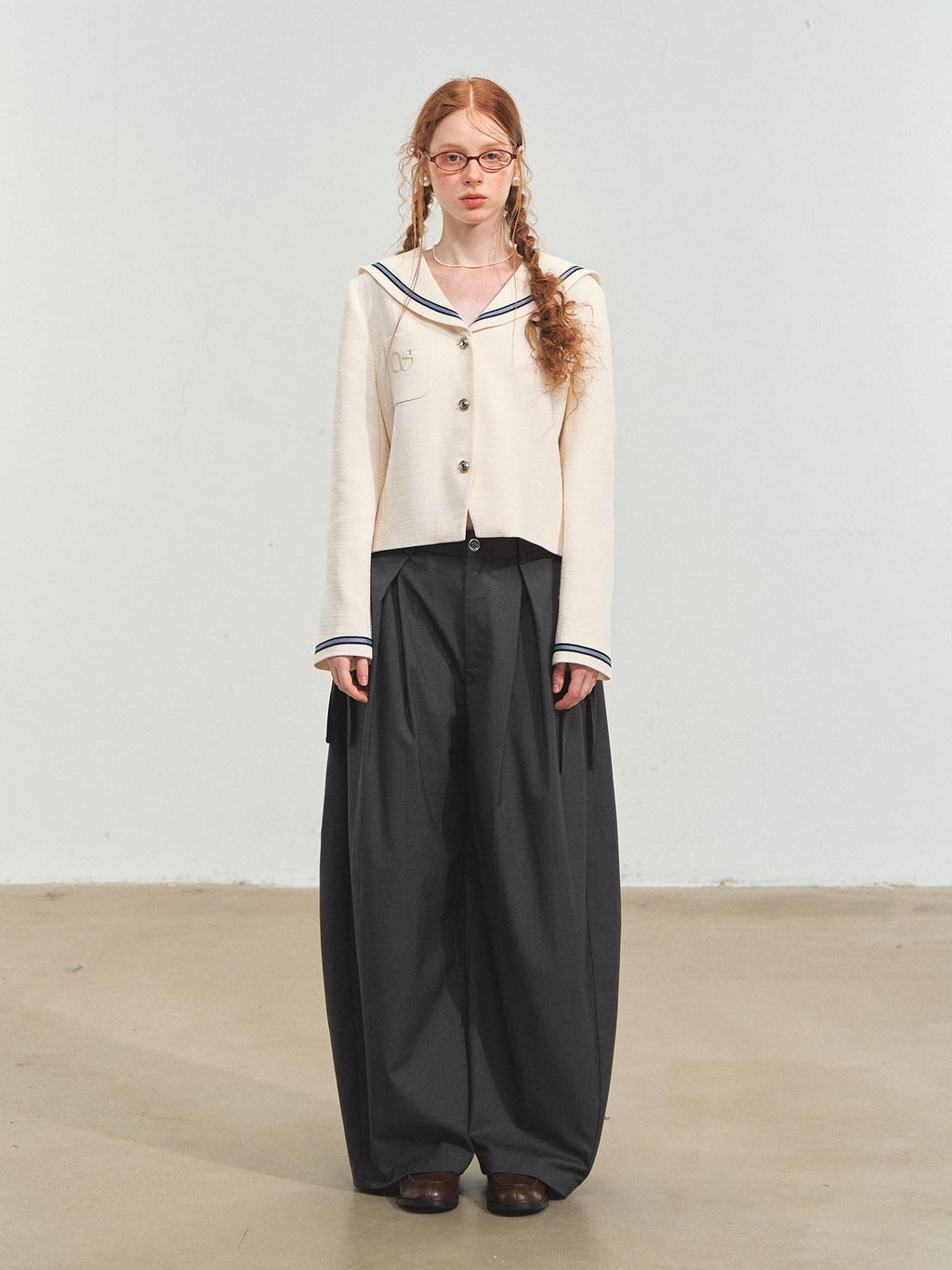 SOMESOWE Shape Retention Navy Inspired Tweed Relaxed Stand Collar Women White Short Coat