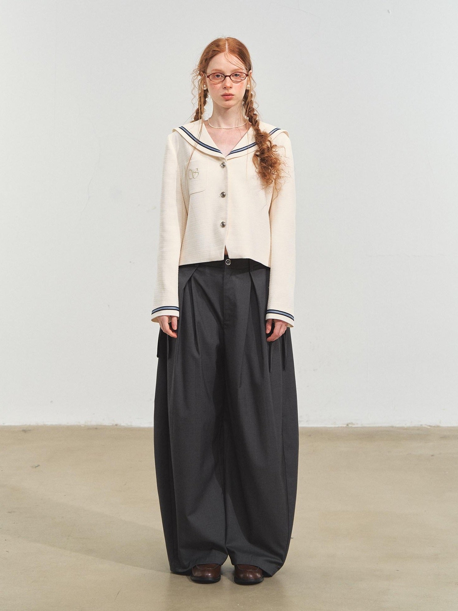 SOMESOWE Shape Retention Navy Inspired Tweed Relaxed Stand Collar Women White Short Coat