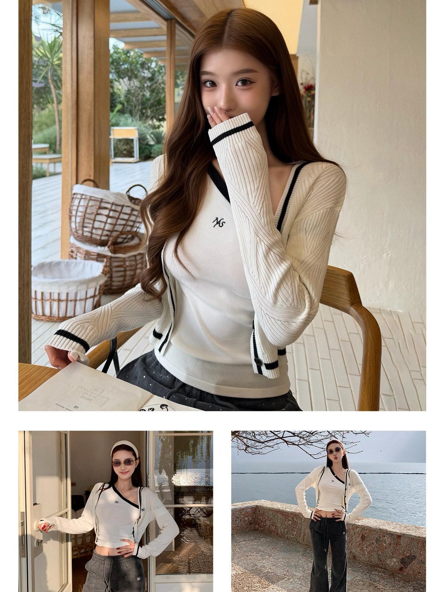 NAWSNOTAWEAR Lyocell Blend Colorblock Cropped V-neck Button Long Sleeve Women Cardigans
