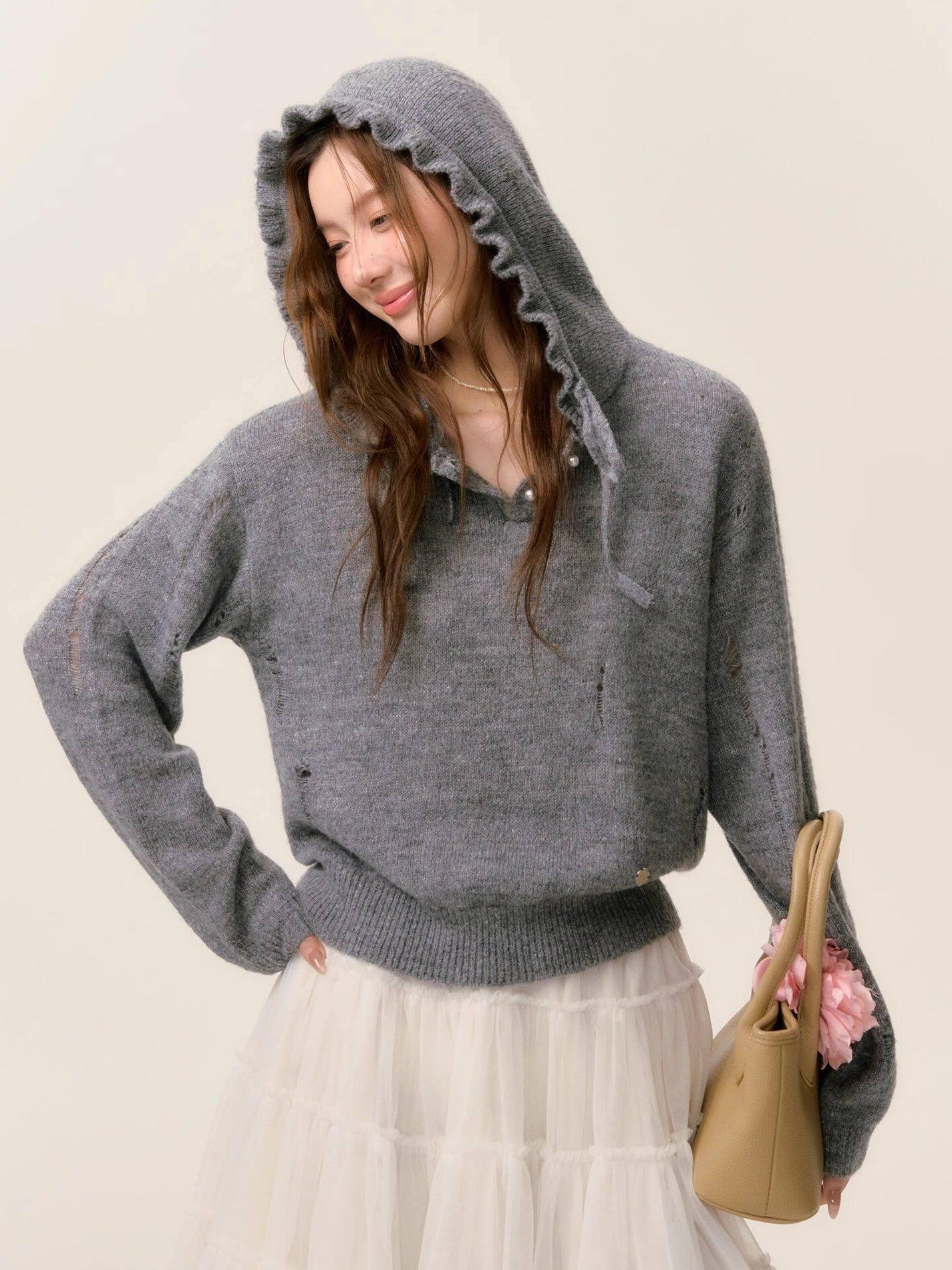 SOMESOWE Oversized Crochet Tie Street Loose Fit Women Grey Long Sleeve T-Shirts