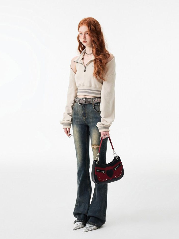 1JINN STUDIO Thick Micro Stretch Vintage Washed Slim Natural Waist Women Denim Flared Jeans