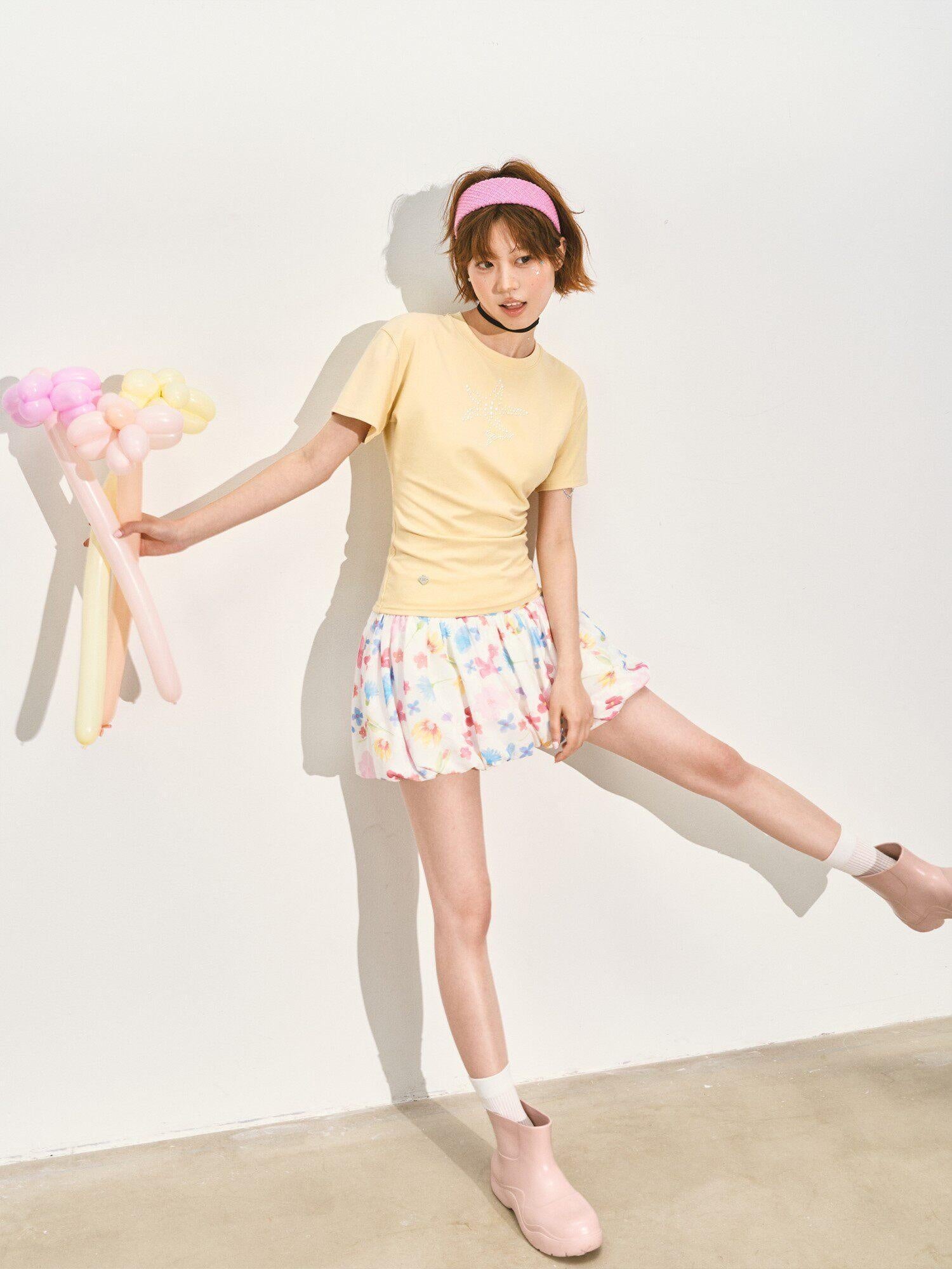 SOMESOWE Pleated A Line Mid Waist Loose Fit Casual Floral Pink Polyester Mini Skirts