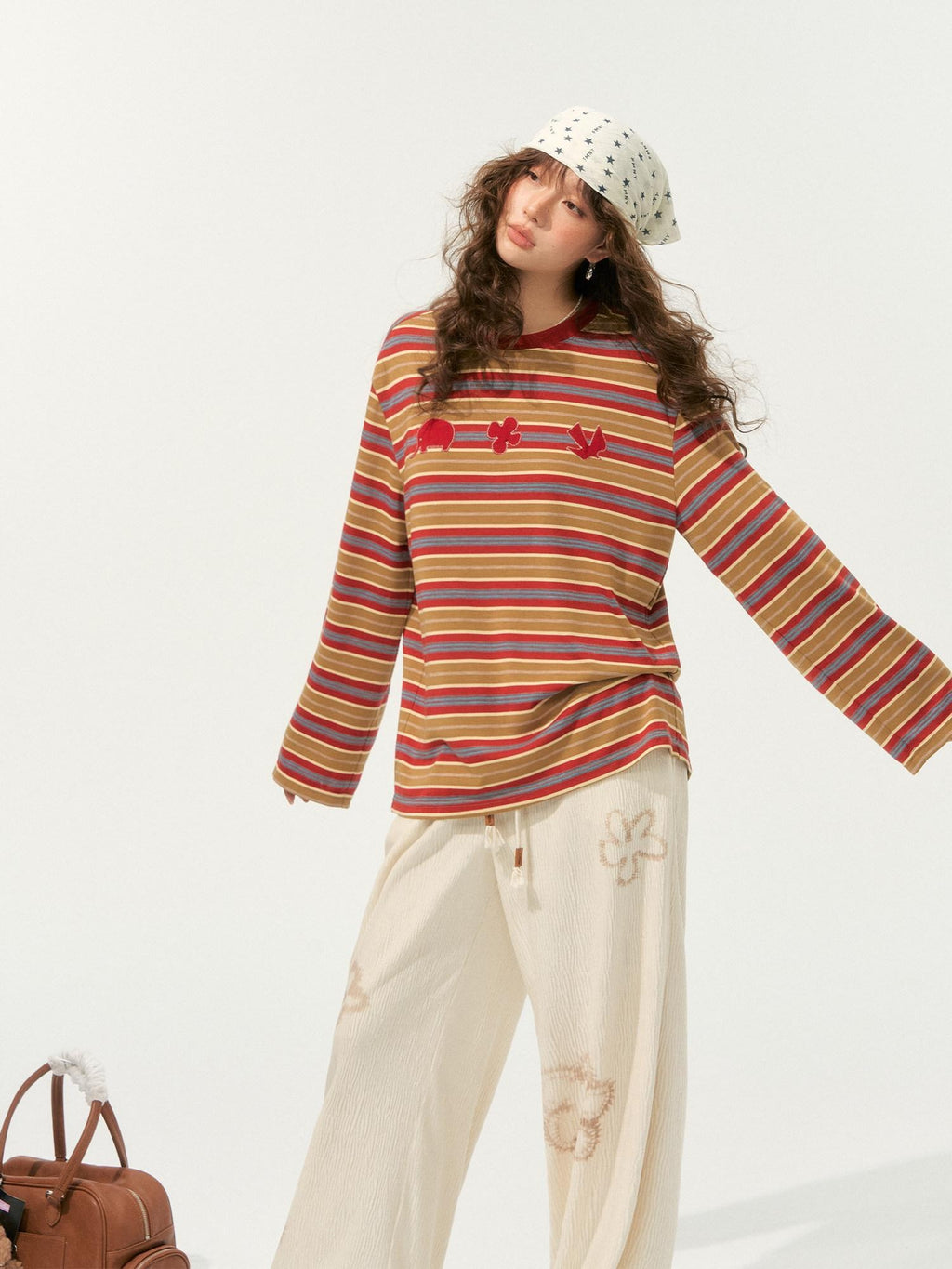 SOMESOWE Creative Embroidered Print Loose Crewneck Women Striped Long Sleeve T-Shirts