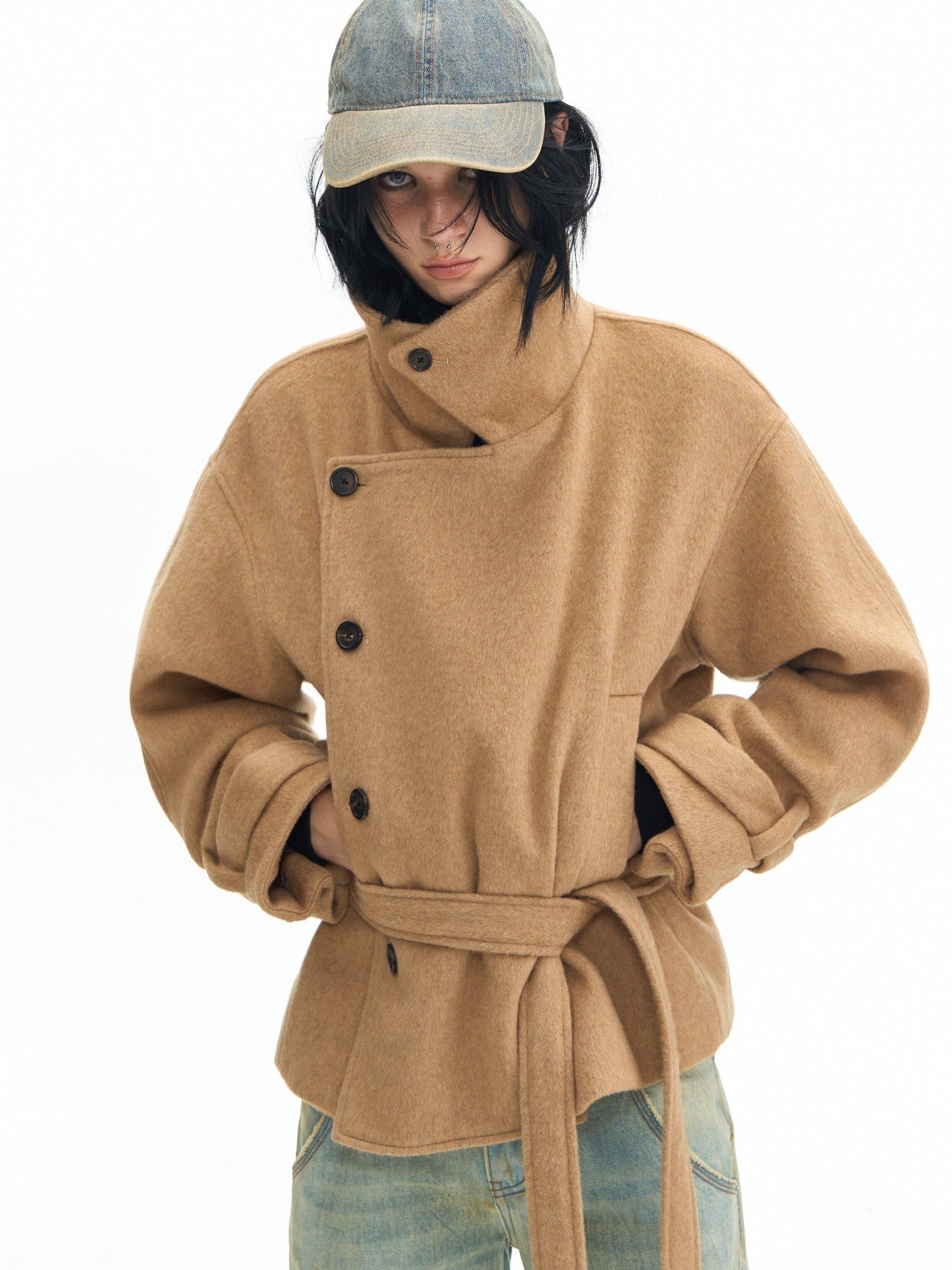 DeleteEx Thick Half Wool Blend American Cropped Lapel Young Women Khaki Wool Coats
