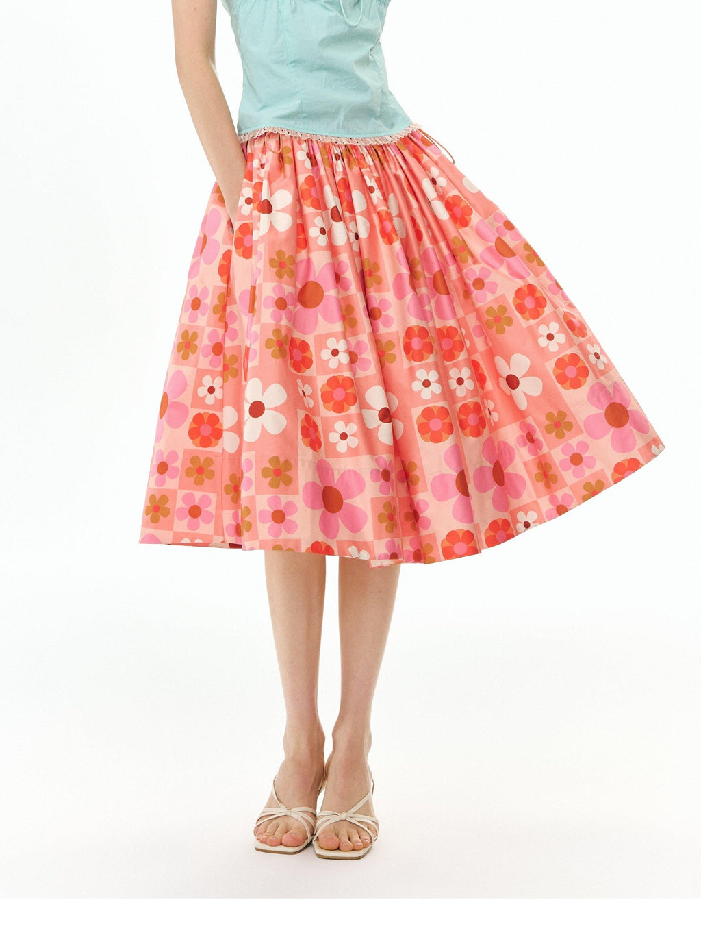DeleteEx Flattering High Waist A Line Orange Red Floral Polyester Women Midi Skirts