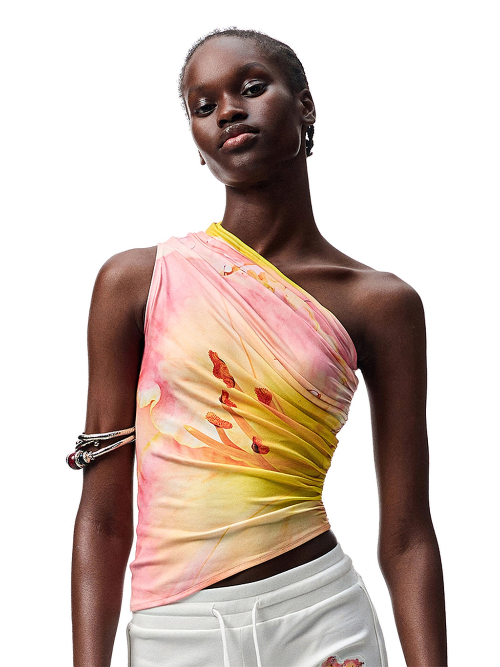1JINN STUDIO Floral Print One Shoulder Slim Fit Street Women Polyester Stretch Tank Tops