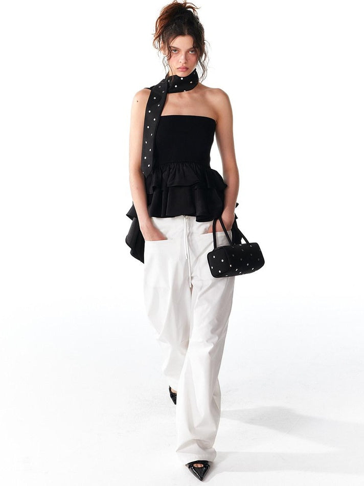 ALINNVSTUDIO Strappy Tie Detail Original Design Slim Fit Short Crop Black White Tube Tops
