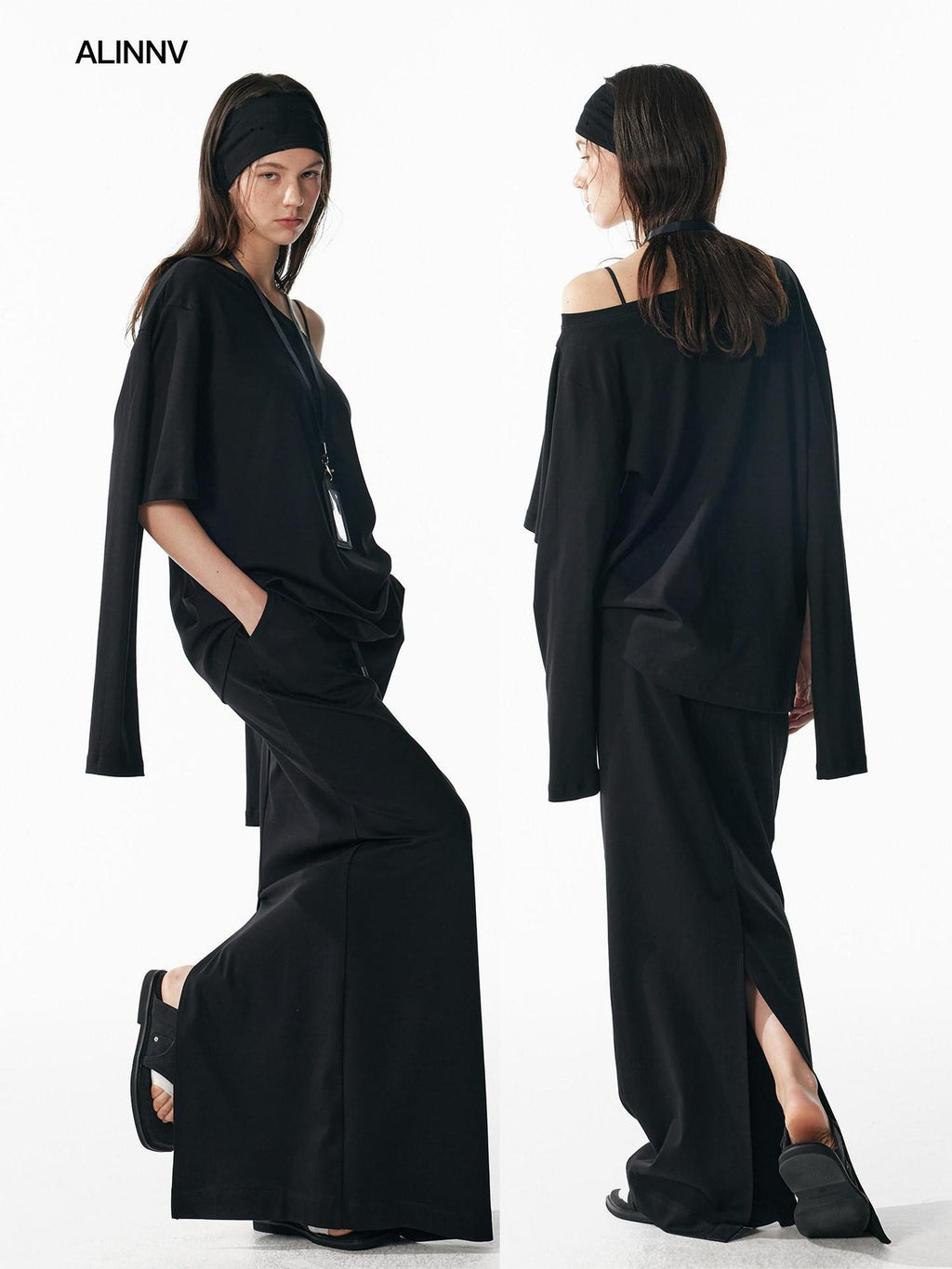 ALINNVSTUDIO Vintage Asymmetric Off Shoulder Loose Cotton Women Black Top & Skirt Sets