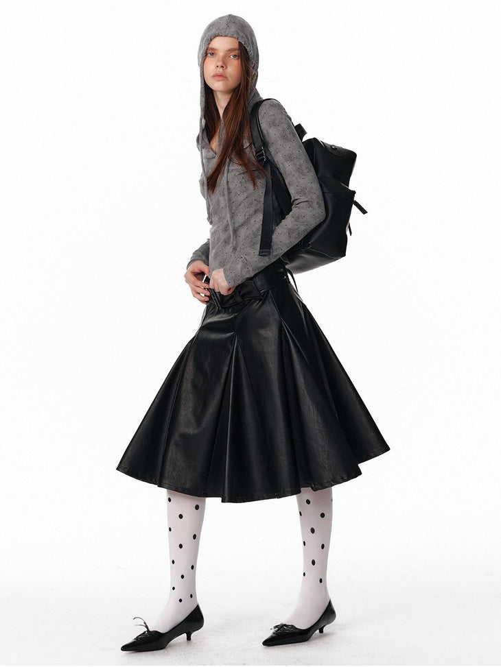 ALINNVSTUDIO Versatile Pu Belted Low Waist Flared Loose Fit Women Citywalk Black Midi Skirts