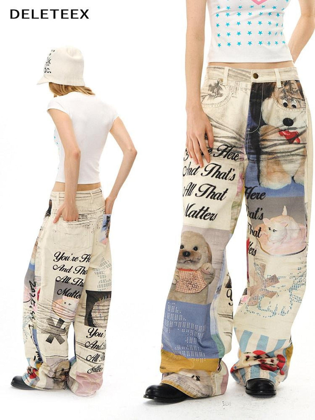 DeleteEx Cotton Washed Print Loose Natural Waist Zipper Wide Leg Jeans