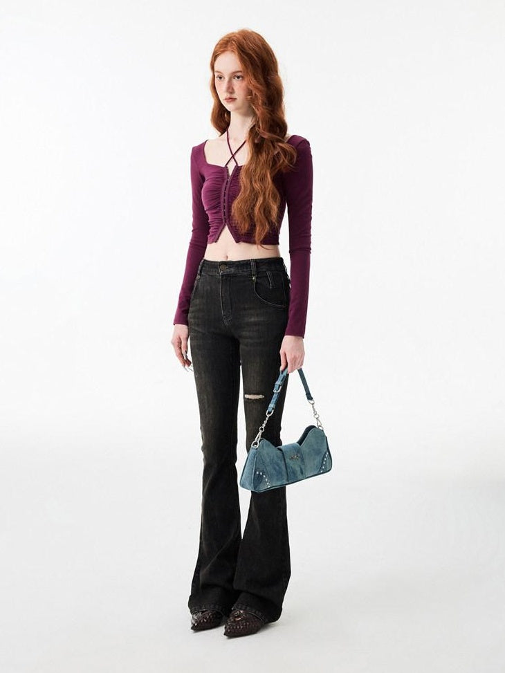 1JINN STUDIO Thick Micro Stretch Vintage Washed Slim Natural Waist Women Denim Flared Jeans