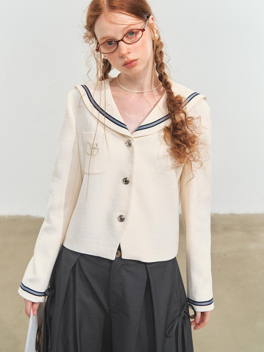 SOMESOWE Shape Retention Navy Inspired Tweed Relaxed Stand Collar Women White Short Coat
