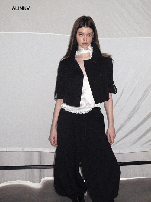 Casual High Waist Double Breasted Cropped Black Cotton Blend Women Trench Coats