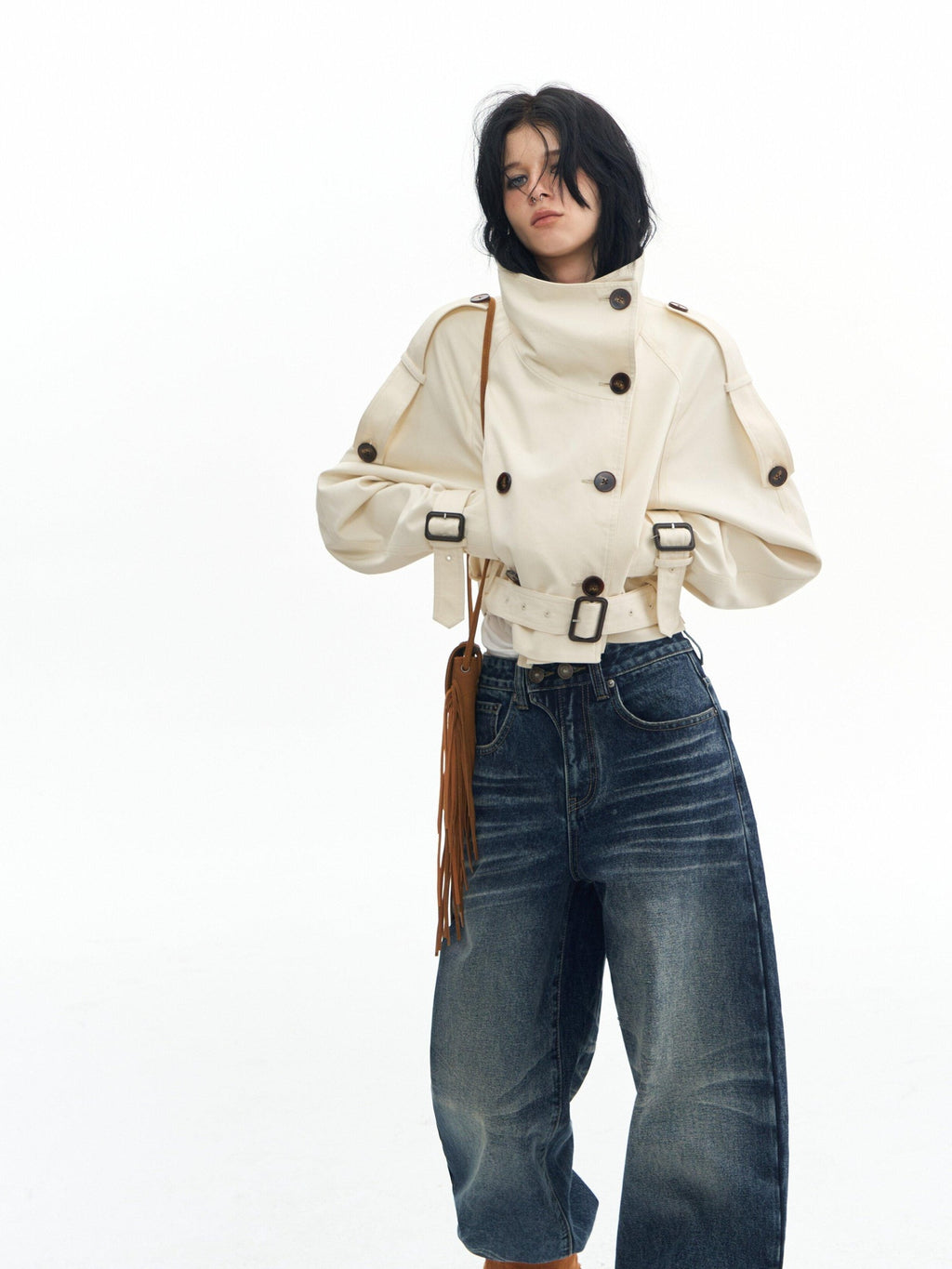 DeleteEx Cotton Blend Stand Collar Short Double Breasted London Off White Trench Coats