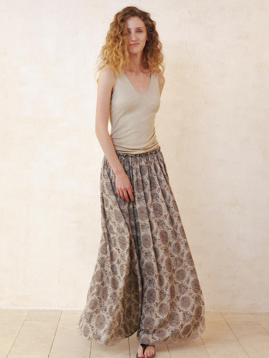 someonesometimes Lyocell Bamboo Linen Blend Pleated Panel Flared Mid Waist Women Maxi Dresses