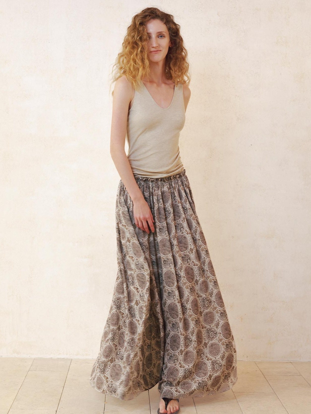 someonesometimes Lyocell Bamboo Linen Blend Pleated Panel Flared Mid Waist Women Maxi Dresses