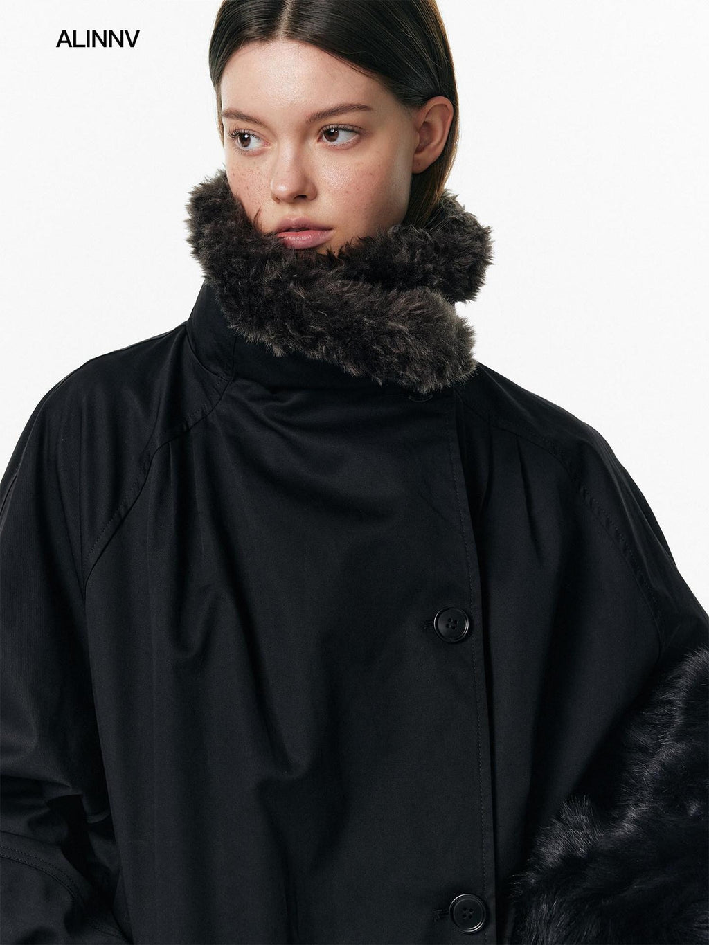 ALINNVSTUDIO 90% White Duck Down Long Stand Collar Single Breasted Women Black Down Jackets