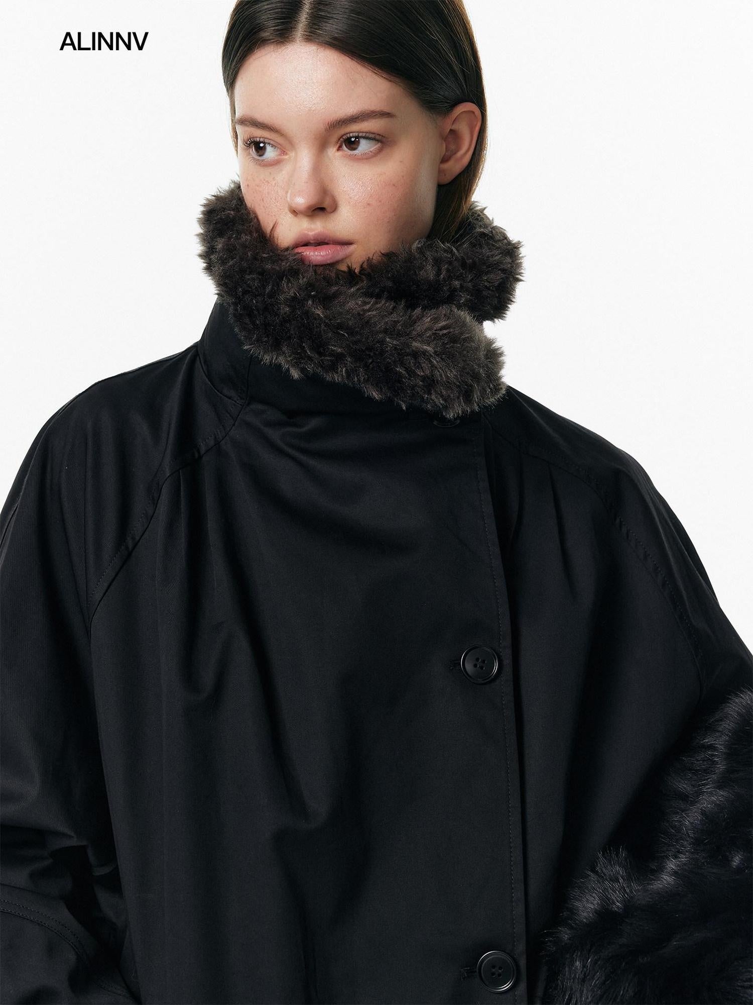 ALINNVSTUDIO 90% White Duck Down Long Stand Collar Single Breasted Women Black Down Jackets