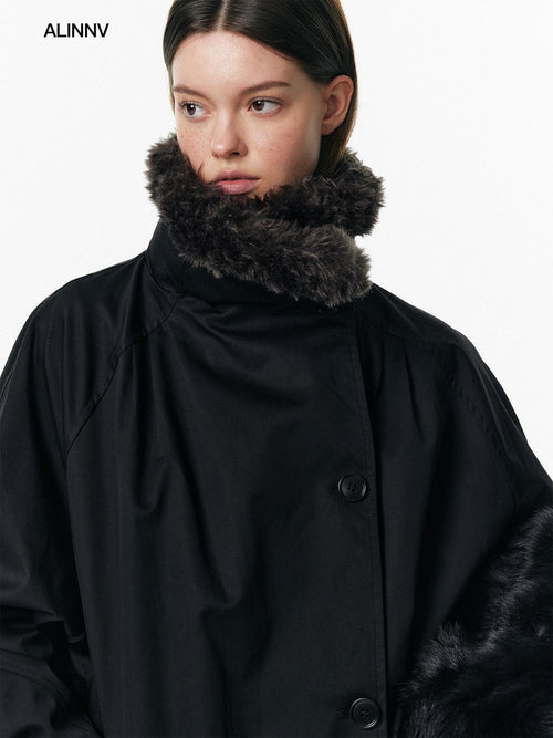 ALINNVSTUDIO 90% White Duck Down Long Stand Collar Single Breasted Women Black Down Jackets