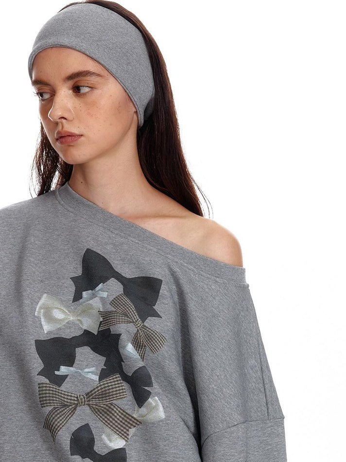ALINNVSTUDIO Bow Accent Loose Fit Office Round Neck Women White And Gray Sweatshirt