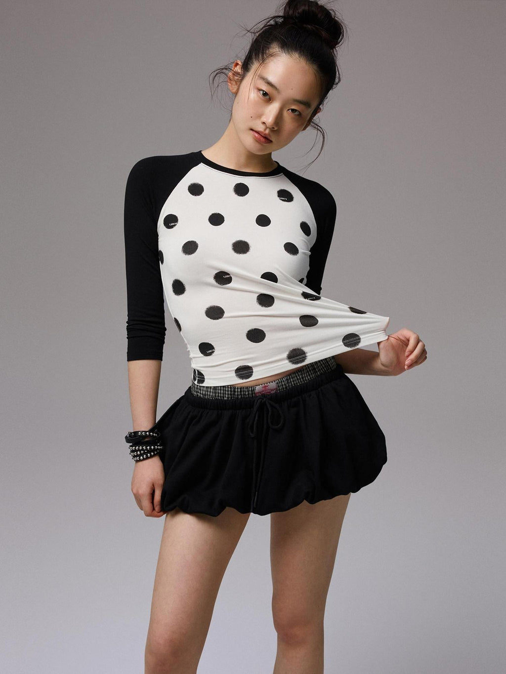 1JINN STUDIO Soft Stretch Viscose Slim Fit Cross Polka Patchwork Women Long Sleeve T-Shirts
