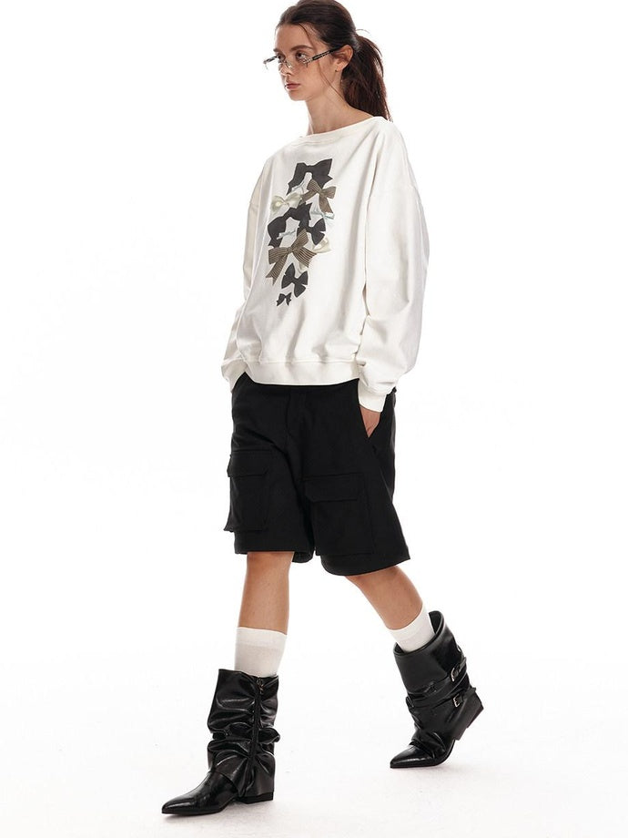 ALINNVSTUDIO Bow Accent Loose Fit Office Round Neck Women White And Gray Sweatshirt