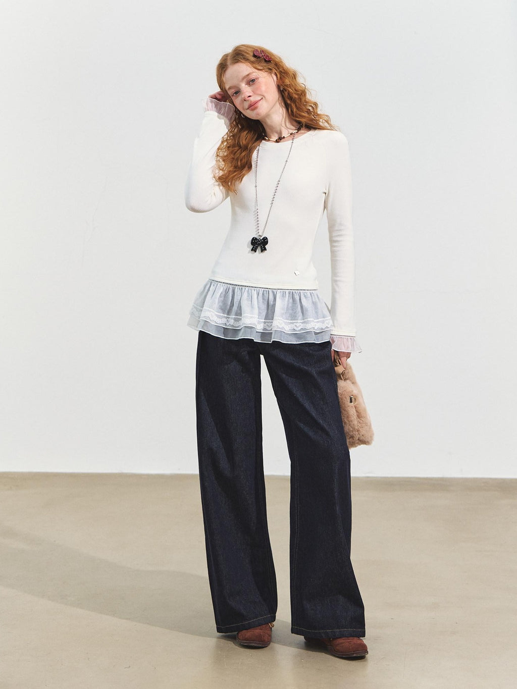 SOMESOWE Pleated Casual Natural Waist Loose Cotton Pocket Zip Blue Women Wide Leg Jeans