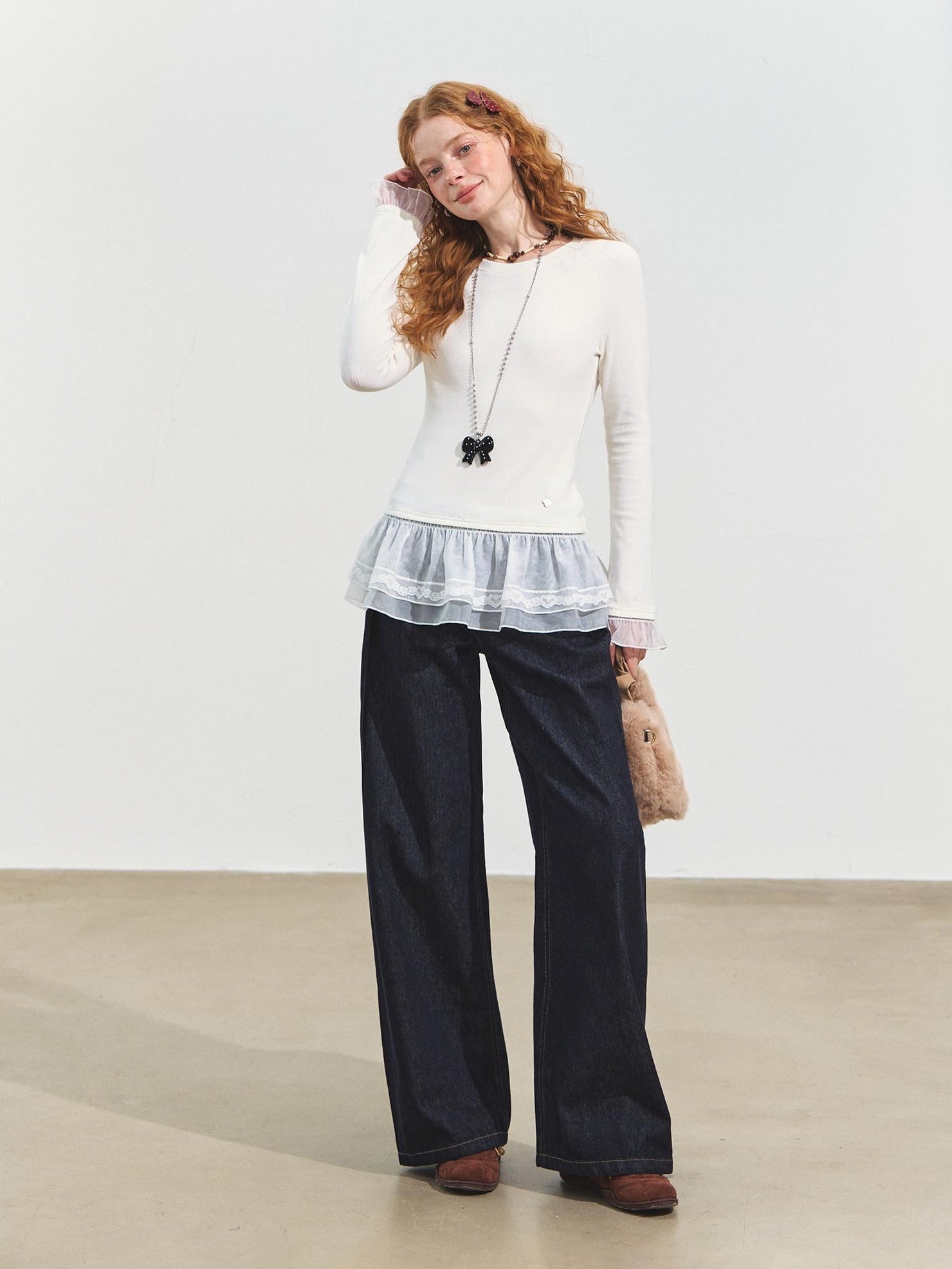 SOMESOWE Pleated Casual Natural Waist Loose Cotton Pocket Zip Blue Women Wide Leg Jeans