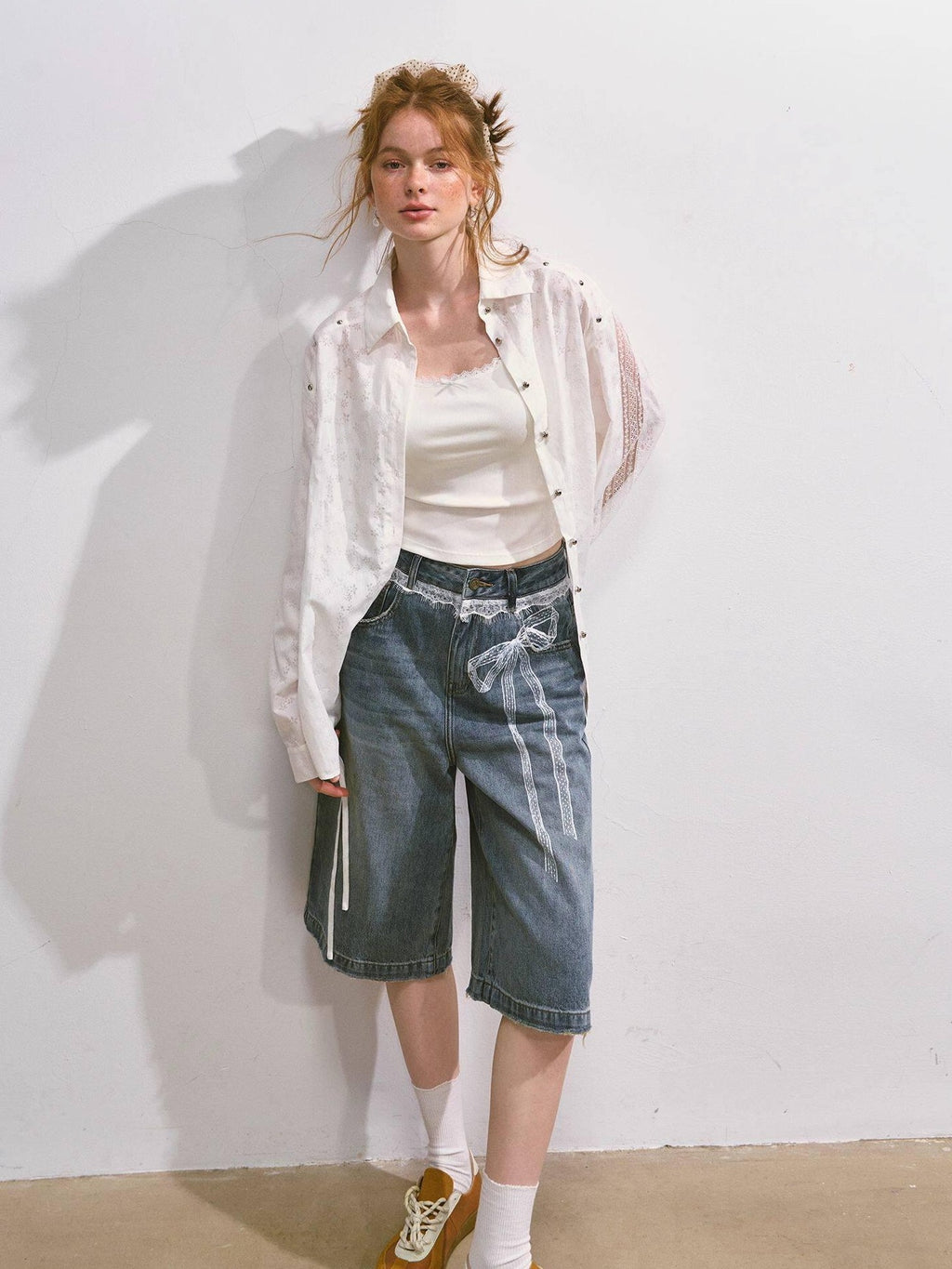SOMESOWE Soft Washed Cotton Stretch Casual Straight Natural Waist Women Blue Denim Shorts