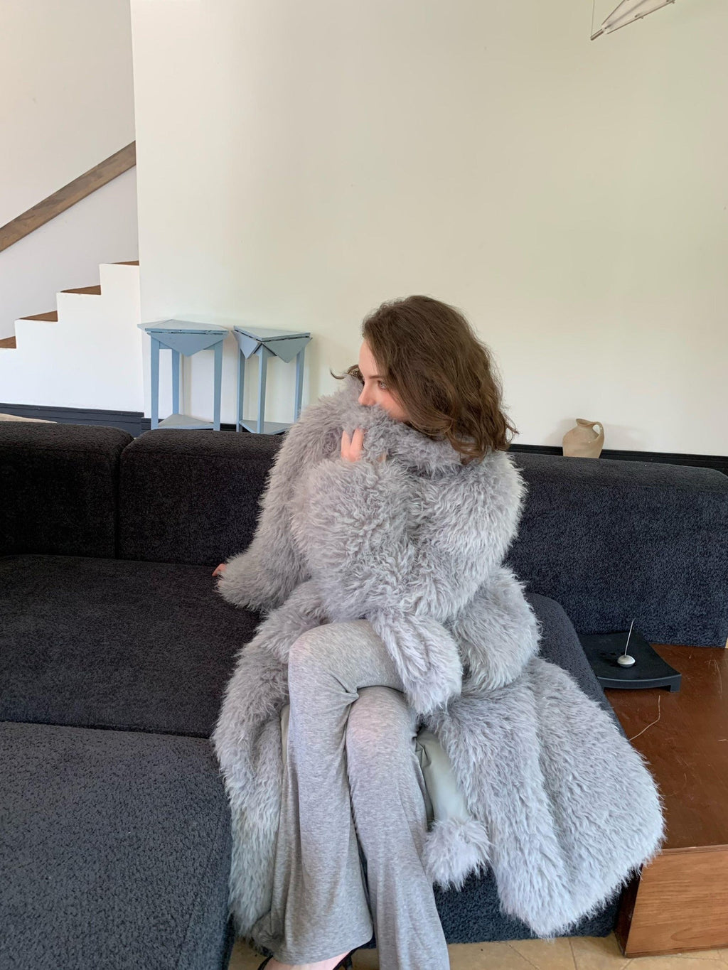 BUZHOU Luxurious Plush Fox Inspired Round Neck Longline Gray S M L Faux Fur Coats