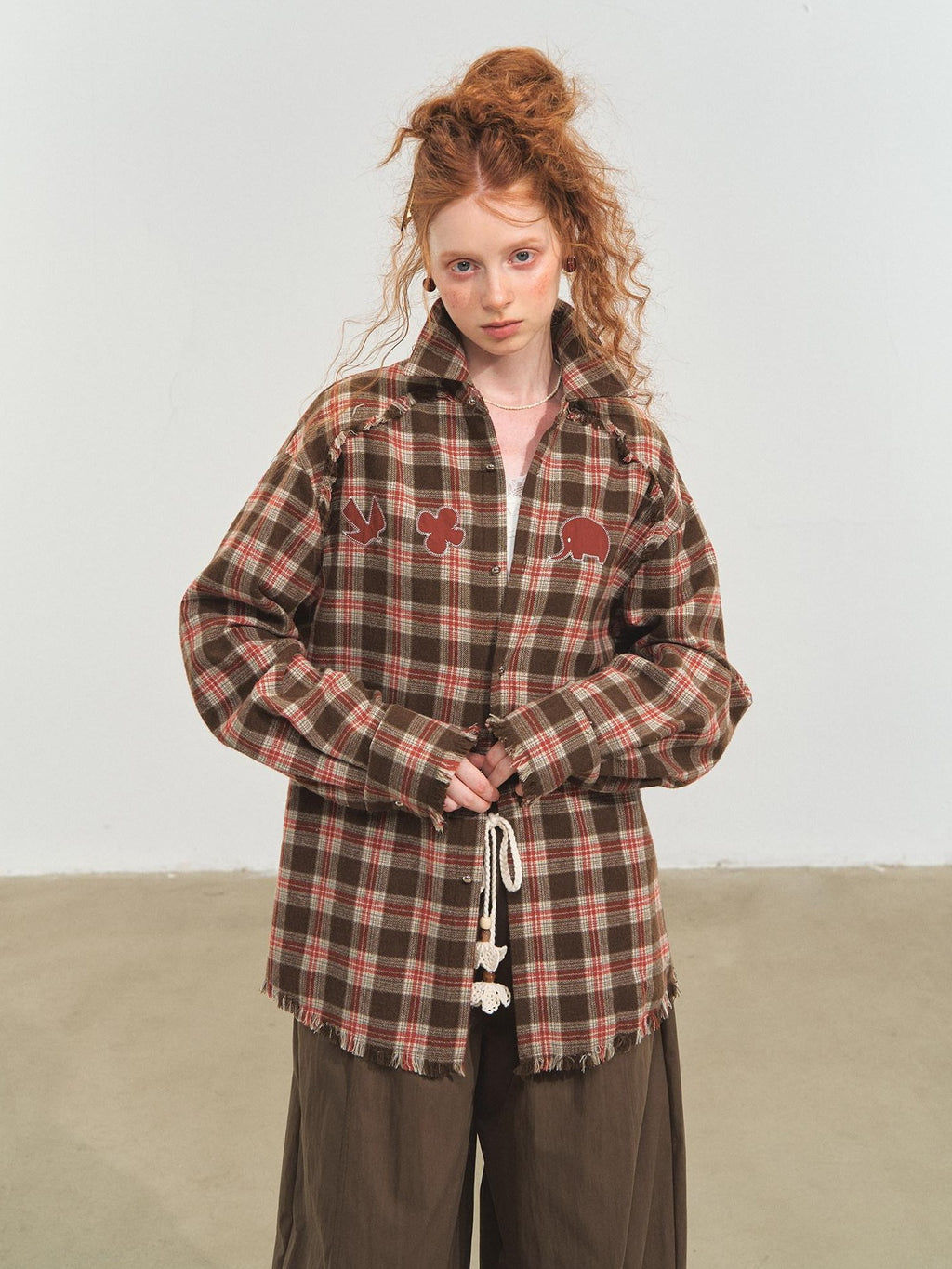 SOMESOWE Durable Fringe Plaid Loose Polo Collar Long Sleeve Women Wool Shirts