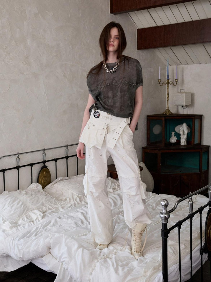1JINN STUDIO Versatile Minimal Loose Flared Low Rise Zip Fly Cotton Jacquard Cargo Pants
