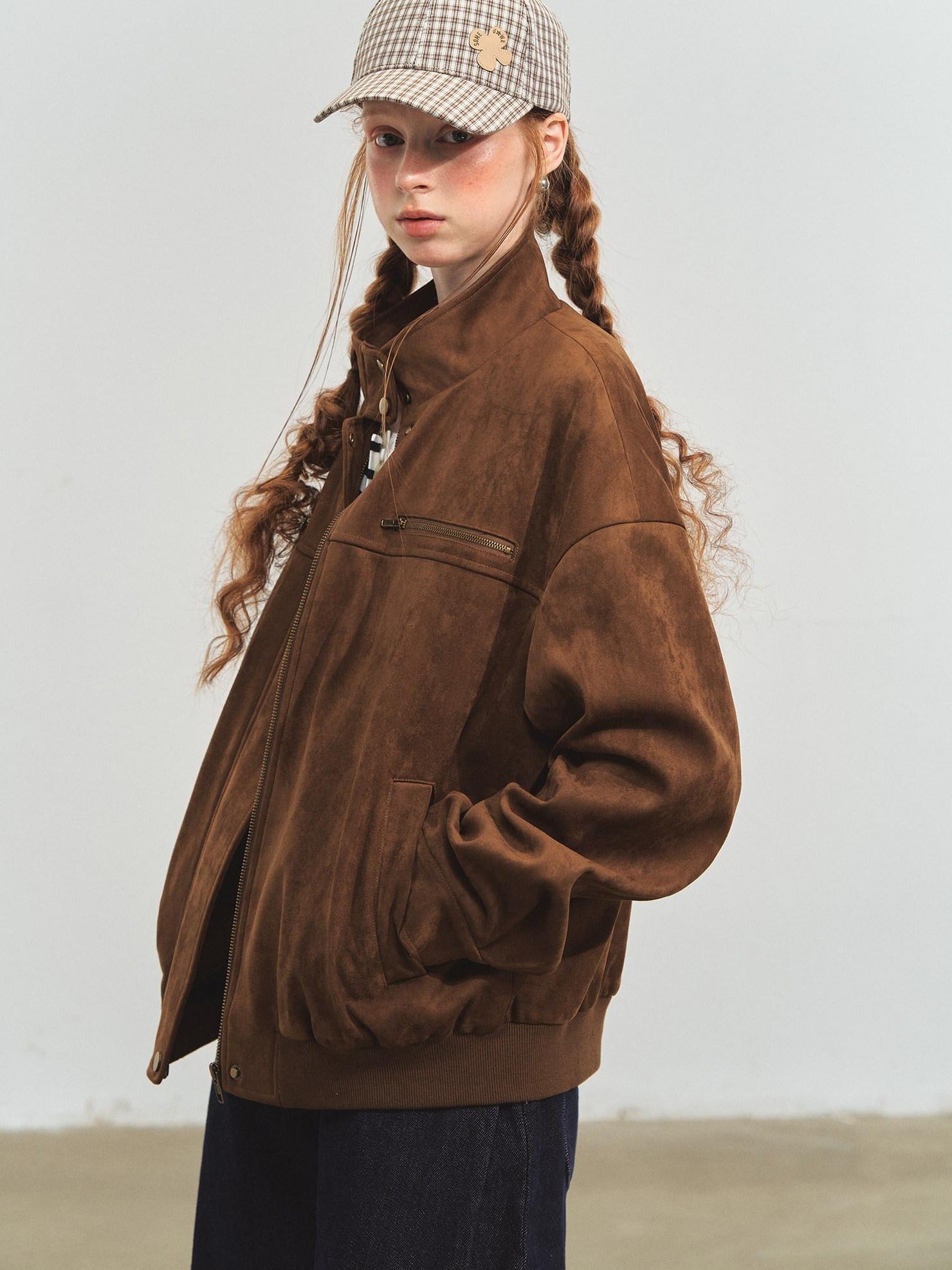 SOMESOWE Pocketed Loose Fit Streetwear Stand Collar Zipper Youth Brown Leather Jackets