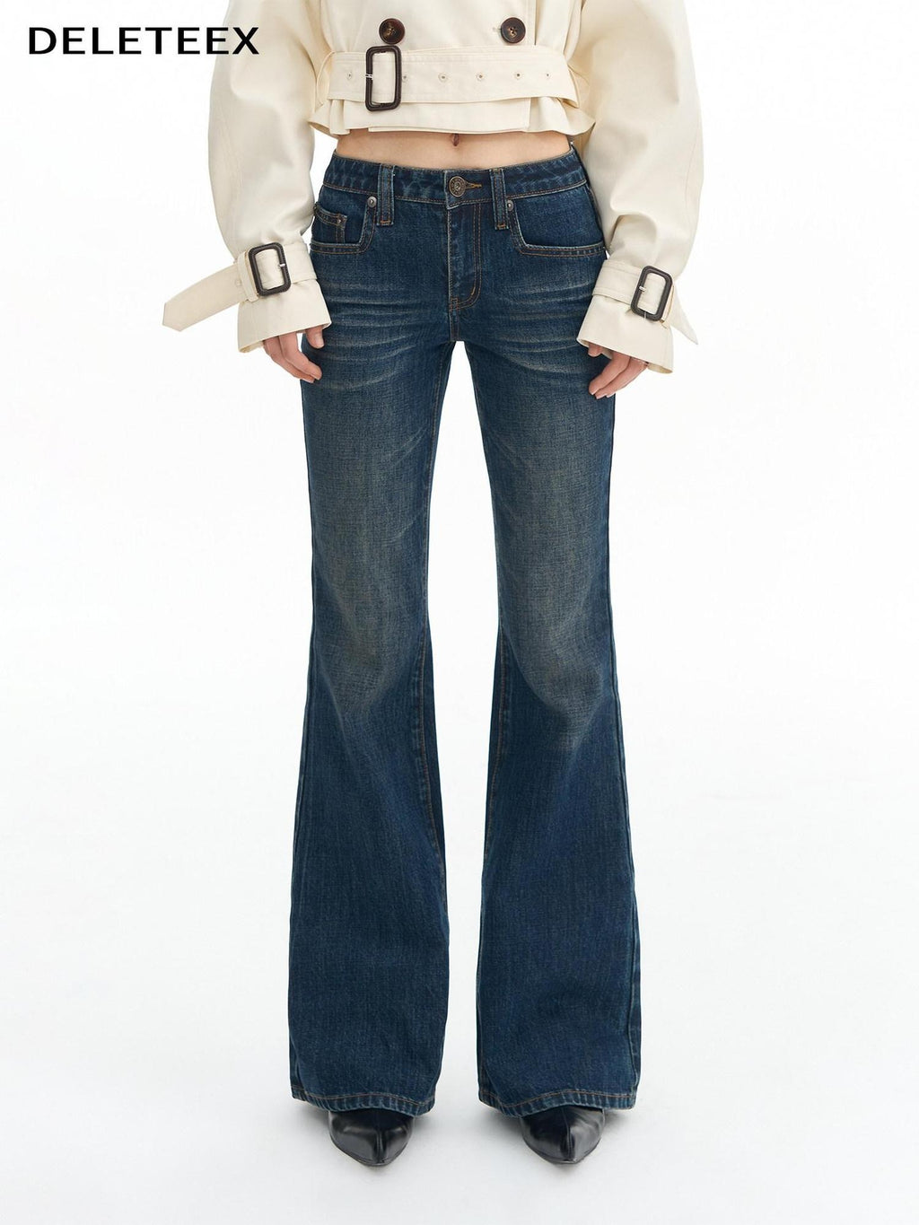 DeleteEx Washed Slim Low Rise Slight Stretch Sexy Girl Dark Blue Flared Jeans