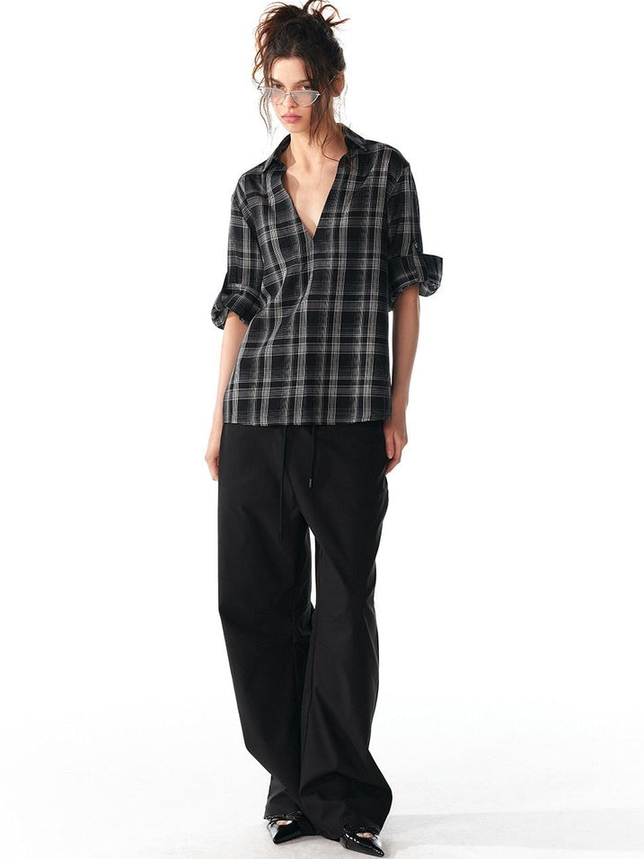 ALINNVSTUDIO Soft Lyocell Cupro Blend Oversized V-neck Button Front Plaid Casual Shirts