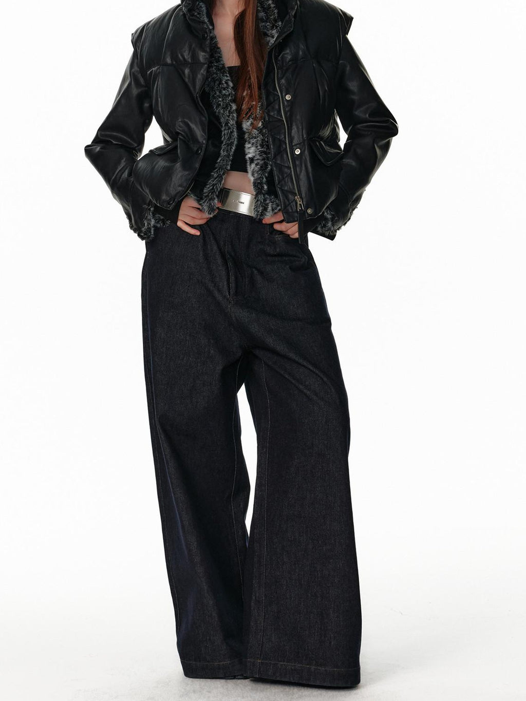 ALINNVSTUDIO Warm Reversible Retro Straight Short Zip Stand Collar Women Leather Jackets