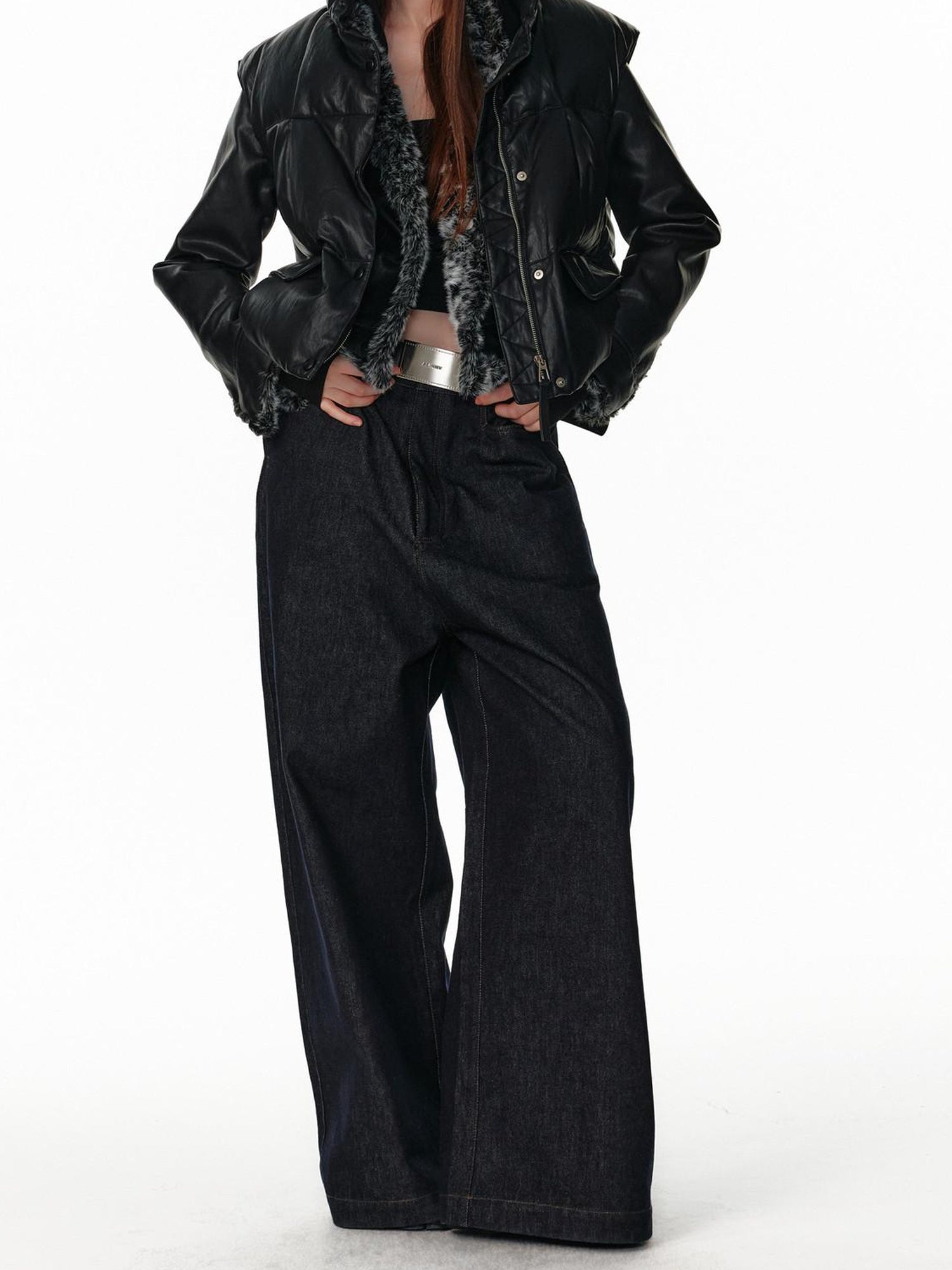 ALINNVSTUDIO Warm Reversible Retro Straight Short Zip Stand Collar Women Leather Jackets