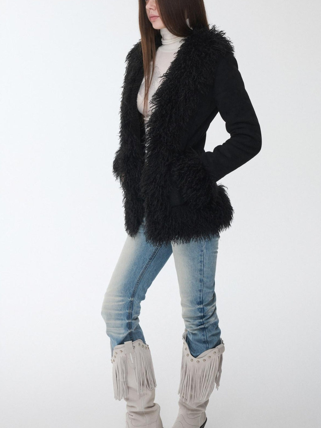 1JINN STUDIO Cozy Cropped Slim Fit Casual Crew Neck Women Black Camel Faux Fur Coats