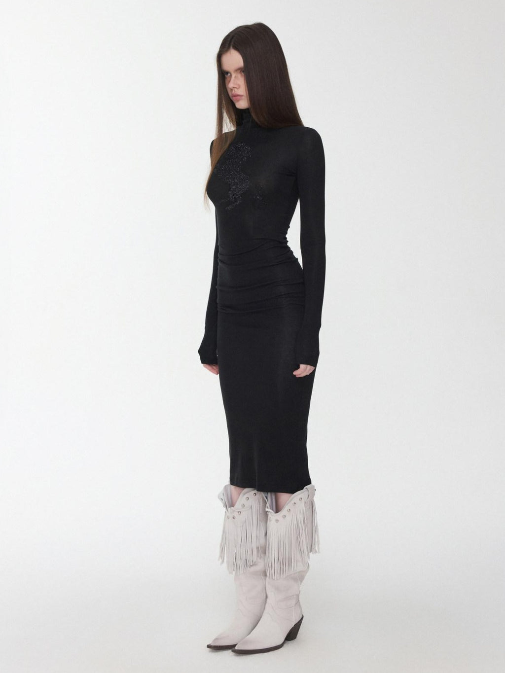 1JINN STUDIO Lyocell Wool Blend Turtleneck Long Sleeve Slim Fit Casual Women Mini Dresses