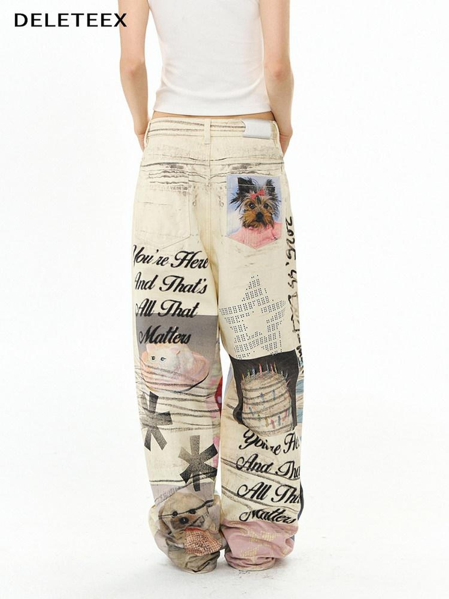 DeleteEx Cotton Washed Print Loose Natural Waist Zipper Wide Leg Jeans