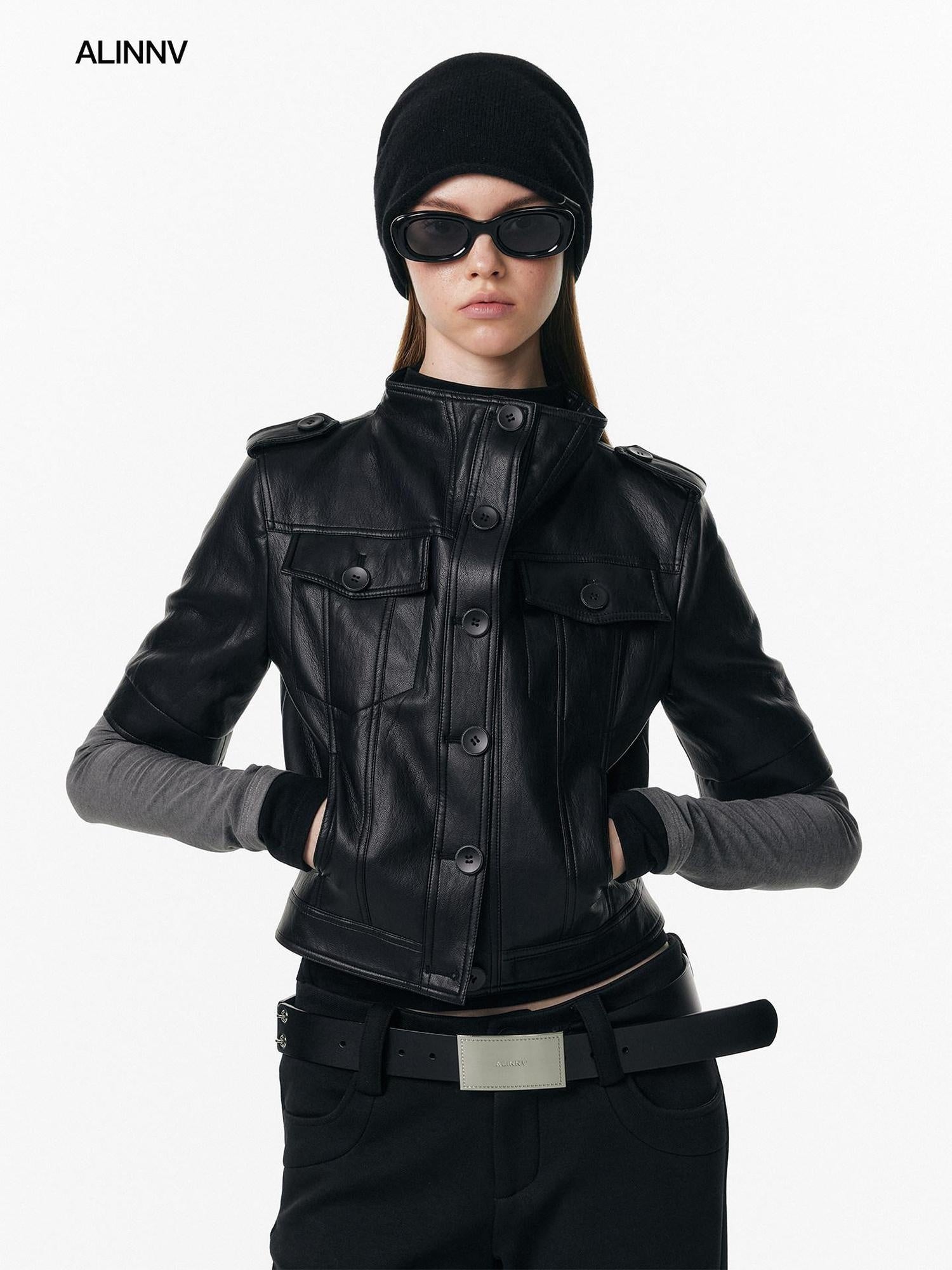 ALINNVSTUDIO Sleek Pu Slim Fit Cropped Short Sleeve Stand Collar Women Leather Jackets