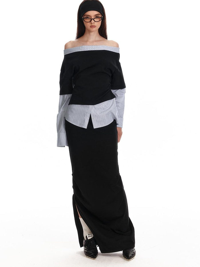 ALINNVSTUDIO Original Loose Slant Collar Cotton Stretch Pullover Women Long Sleeve T-Shirts