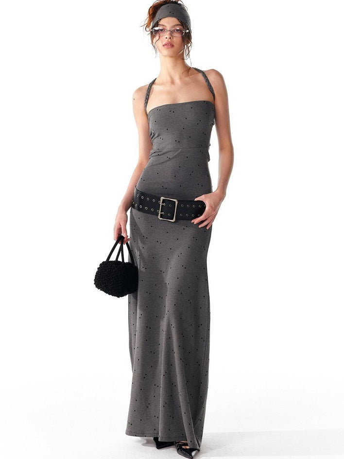 ALINNVSTUDIO Elegant Halter Neck Cinched Waist Modal Sleeveless Solid Black Grey Maxi Dresses