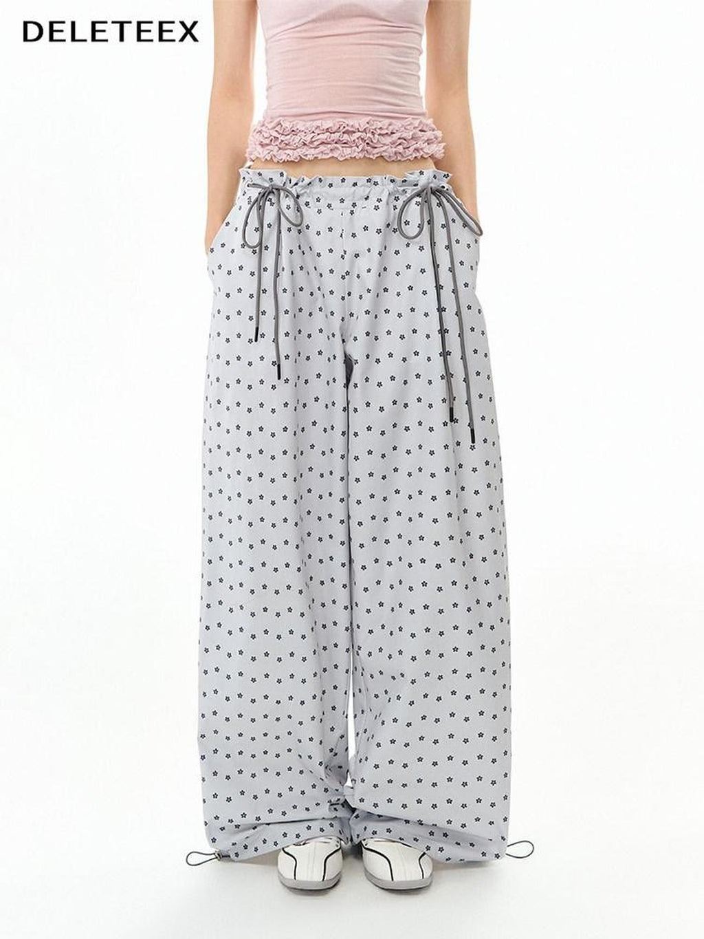 DeleteEx Soft 100 Percent Polyester Silver Gray Print Flowy Casual Wide Leg Pants