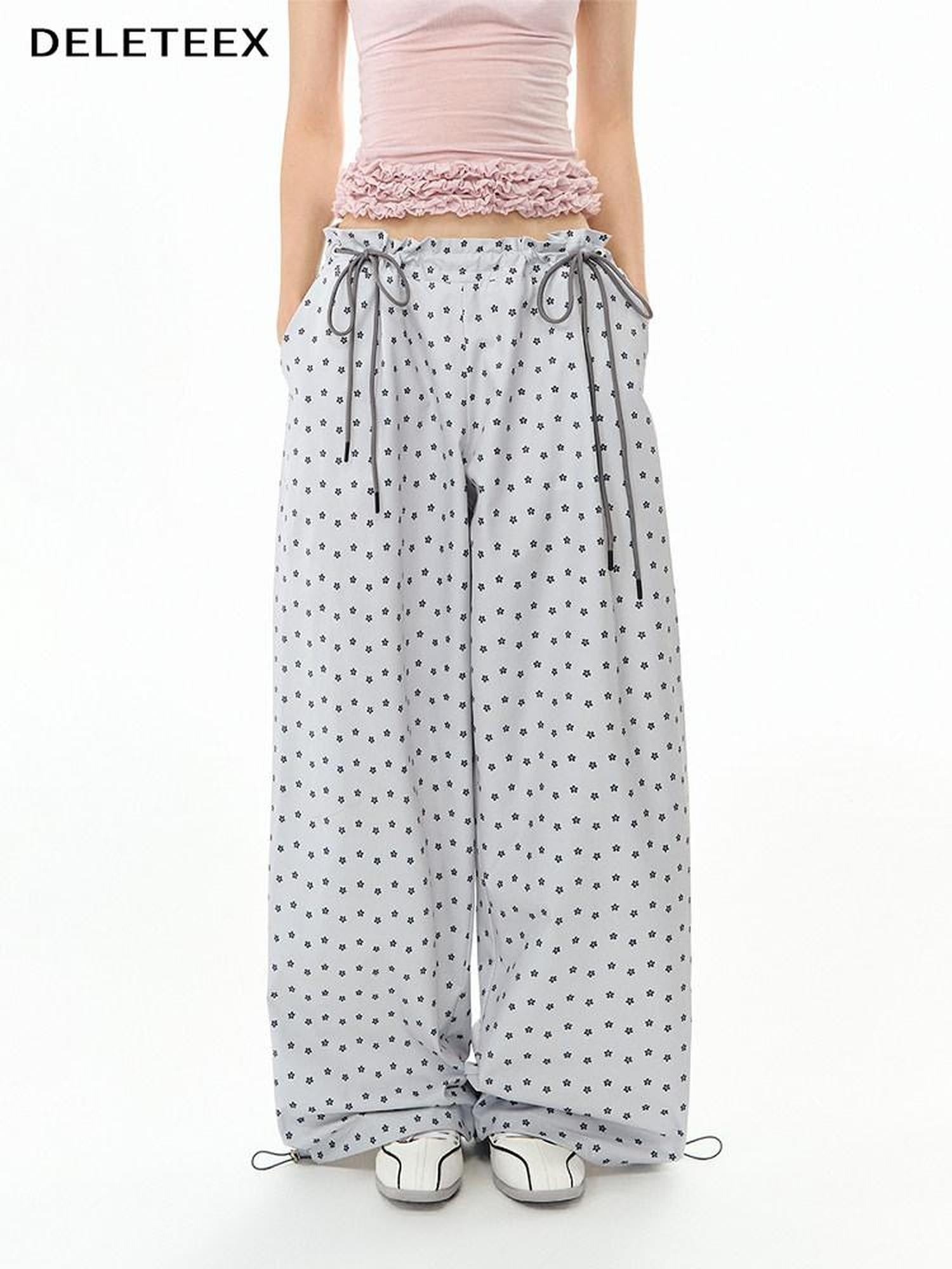 DeleteEx Soft 100 Percent Polyester Silver Gray Print Flowy Casual Wide Leg Pants