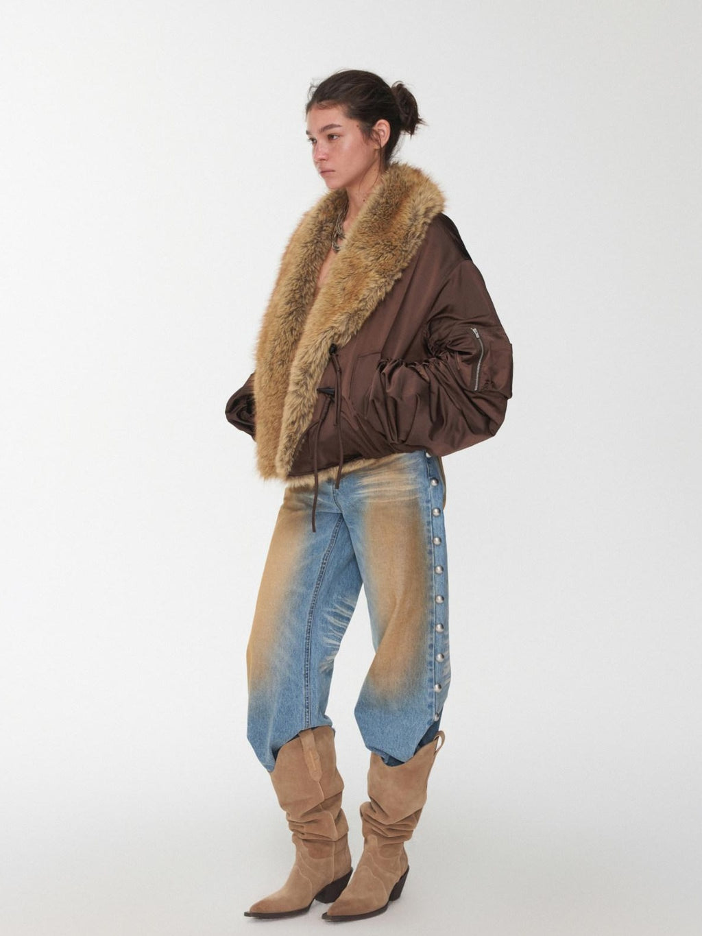 1JINN STUDIO Versatile Brown Utility Turn Down Collar Women Casual Outerwear Bomber Jackets