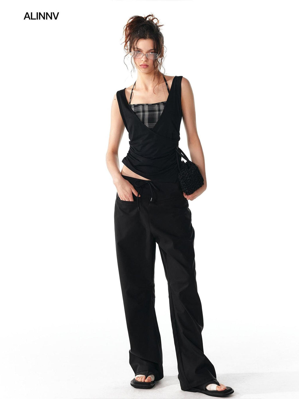 ALINNVSTUDIO Original Patchwork Design Slim Fit Modal Stretch Strappy Youth Black Tank Tops